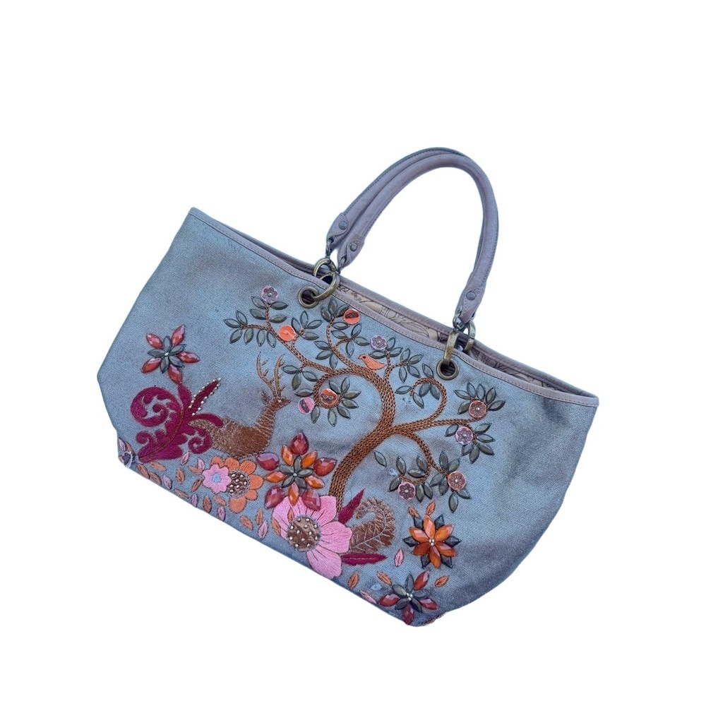 Anthropologie Ipa-Nima Handbag Tote Beaded Embroidered Floral Leather Handles - Picture 2 of 14